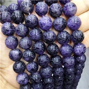 Natural Purple Amethyst Beads Round Carved, approx 14mm