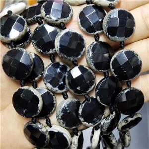 Black Agate Beads Faceted Coin, approx 20mm, 17pcs per st