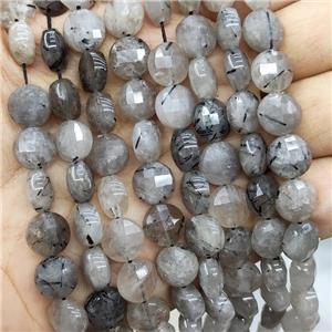 Black Rutilated Quartz Beads Faceted Circle, approx 10mm