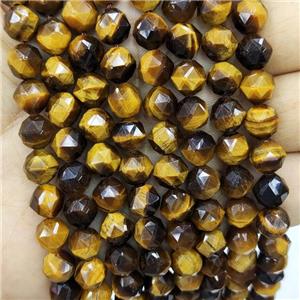 Natural Tiger Eye Stone Beads Yellow Round Diamond Cut, approx 8mm
