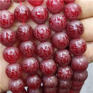 Red Carnelian Agate Buddhist Beads Om Mani Padme Hum, approx 14mm dia