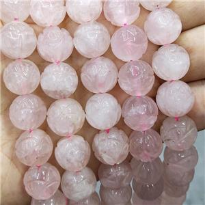 Pink Rose Quartz Beads Carved Round Flower, approx 14mm dia