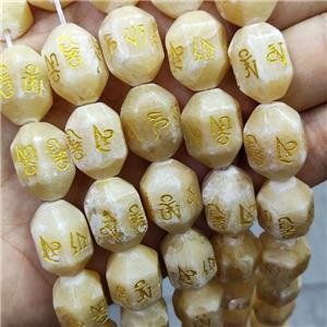 Natural Yellow Honey Jade Buddhist Beads Prism Carved Om Mani Padme Hum, approx 13-18mm