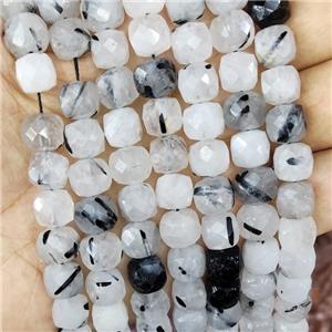 Natural Rutilated Quartz Beads Black Faceted Cube, approx 9-10mm