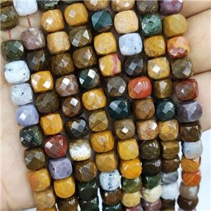 Natural Ocean Agate Beads Faceted Cube Multicolor, approx 7-8mm