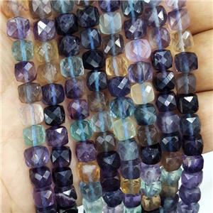 Natural Fluorite Beads Multicolor Faceted Cube, approx 7-8mm