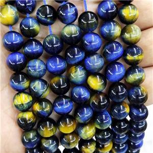 Natural Tiger Eyes Stone Beads Blue Yellow Dye Smooth Round, approx 8mm dia