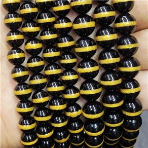 Black Tibetan Style Agate Beads Smooth Round Gold Line, approx 12mm dia