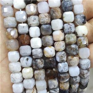 Natural Bamboo Agate Beads Zhuye Faceted Cube, approx 8-10mm