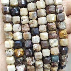 Natural Wood Petrified Jasper Beads Faceted Cube, approx 8-10mm