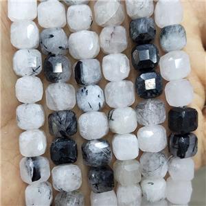 Natural Black Rutilated Quartz Beads Faceted Cube, approx 8-10mm