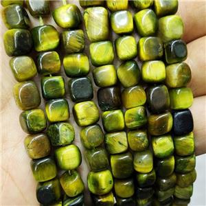 Natural Tiger Eye Stone Cube Beads Olive Dye, approx 7-8mm