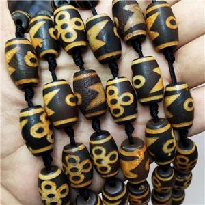 Tibetan Agate Barrel Beads Black Yellow, approx 13-20mm, 12pcs per st