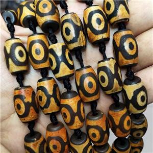 Tibetan Agate Barrel Beads Black Yellow Evil Eye, approx 13-20mm, 12pcs per st