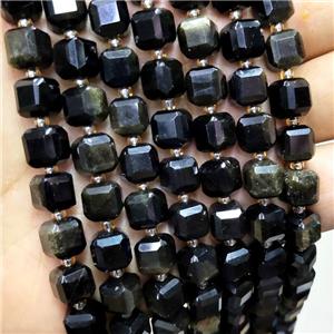 Natural Obsidian Beads Faceted Cube Golden, approx 8-9mm