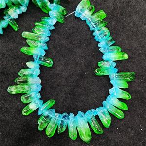 Natural Crystal Quartz Stick Beads Green Blue Dye Dichromatic Polished, approx 10-30mm