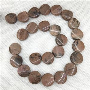 Natural Chinese Rhodonite Coin Beads Pink Twist B-Grade, approx 16mm