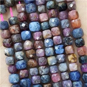 Natural Corundum Beads Multicolor Faceted Cube, approx 3.7-4.4mm
