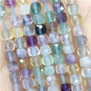 Natural Fluorite Beads Multicolor Faceted Cube, approx 3.7-4.4mm
