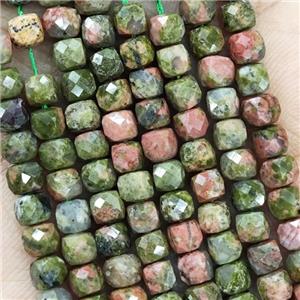 Natural Unakite Beads Green Faceted Cube, approx 3.7-4.4mm