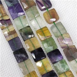 Natural Fluorite Beads Multicolor Faceted Square, approx 10-11mm