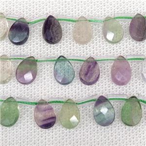 Natural Fluorite Beads Multicolor Faceted Teardrop Topdrilled, approx 8-12mm