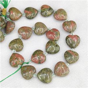Natural Unakite Heart Beads, approx 20mm