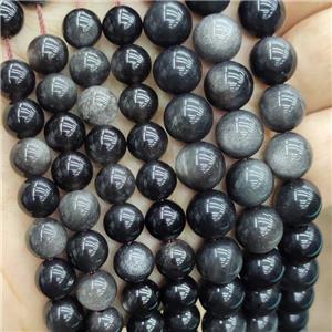 Natural Obsidian Beads Silver Flash Smooth Round, approx 10mm dia