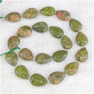 Natural Unakite Teardrop Beads Flat Green, approx 13-18mm
