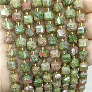 Natural Unakite Beads Green Faceted Cube, approx 6-7mm