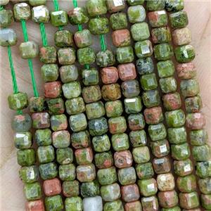 Natural Unakite Beads Green Faceted Cube, approx 3mm