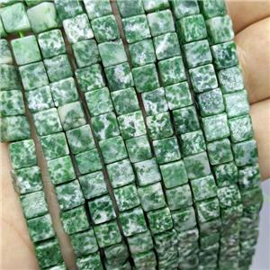 Natural Green Dalmatian Jasper Cube Beads, approx 6mm