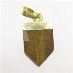 yellow Tiger eye stone pendant, faceted arrowhead, gold plated, approx 10-15mm