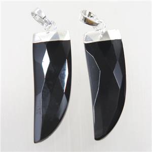 black Onyx Agate horn pendant, silver plated, approx 10-30mm