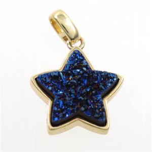 blue electroplated druzy quartz pendant, star, gold plated, approx 15mm dia