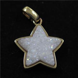 white AB-color druzy quartz pendant, star, gold plated, approx 15mm dia