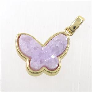 purple druzy quartz pendant, butterfly, gold plated, approx 13-16mm
