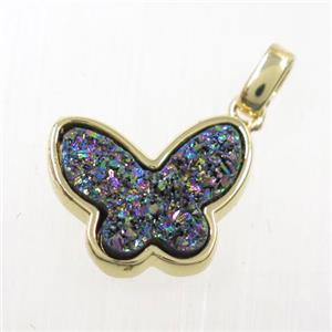 rainbow druzy quartz pendant, butterfly, gold plated, approx 13-16mm
