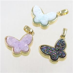 druzy quartz butterfly pendant, mix color, gold plated, approx 13-16mm