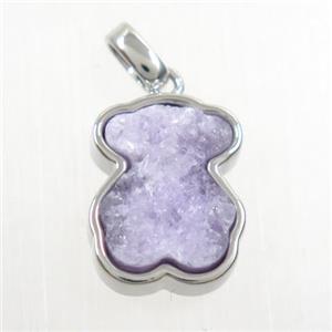 purple druzy quartz pendant, bear, platinum plated, approx 12-14mm
