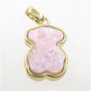 pink druzy quartz pendant, bear, gold plated, approx 12-14mm