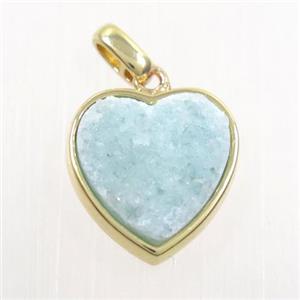 aqua druzy quartz heart pendant, gold plated, approx 15mm