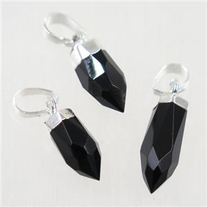black Onyx Agate pendant, faceted bullet, silver plated, approx 5-16mm