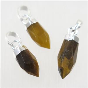 yellow Tiger eye stone pendant, faceted bullet, silver plated, approx 5-12mm