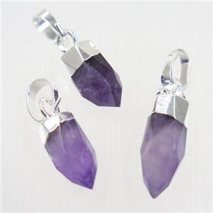 purple Amethyst pendant, faceted bullet, silver plated, approx 5-12mm