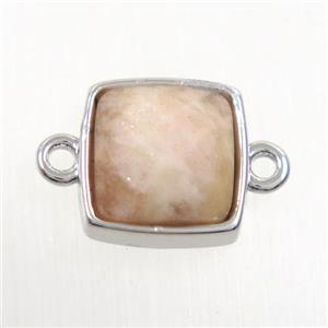 peach MoonStone connector, square, platinum plated, approx 12x12mm