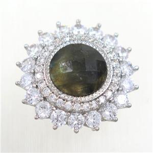 Labradorite sunFlower beads pave zircon, platinum plated, approx 10mm, 23mm dia