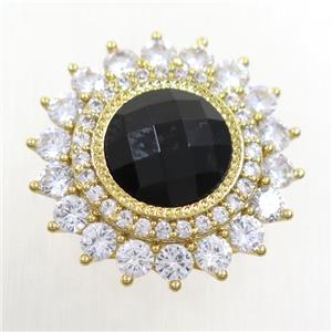 black Onyx SunFlower beads pave zircon, gold plated, approx 10mm, 23mm dia