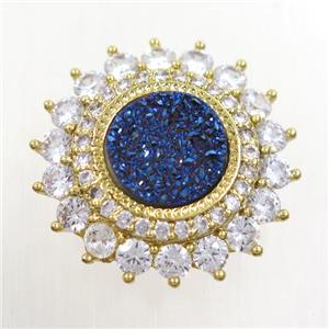 blue Druzy Quartz SunFlower beads pave zircon, gold plated, approx 10mm, 23mm dia