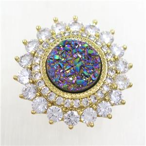 rainbow Druzy Quartz SunFlower beads pave zircon, gold plated, approx 10mm, 23mm dia